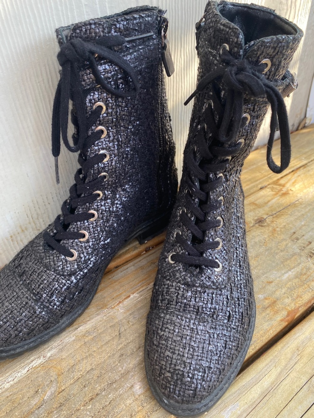 Stuart Weitzman Tweed Combat Bootie silver metallic Tweed size 5
